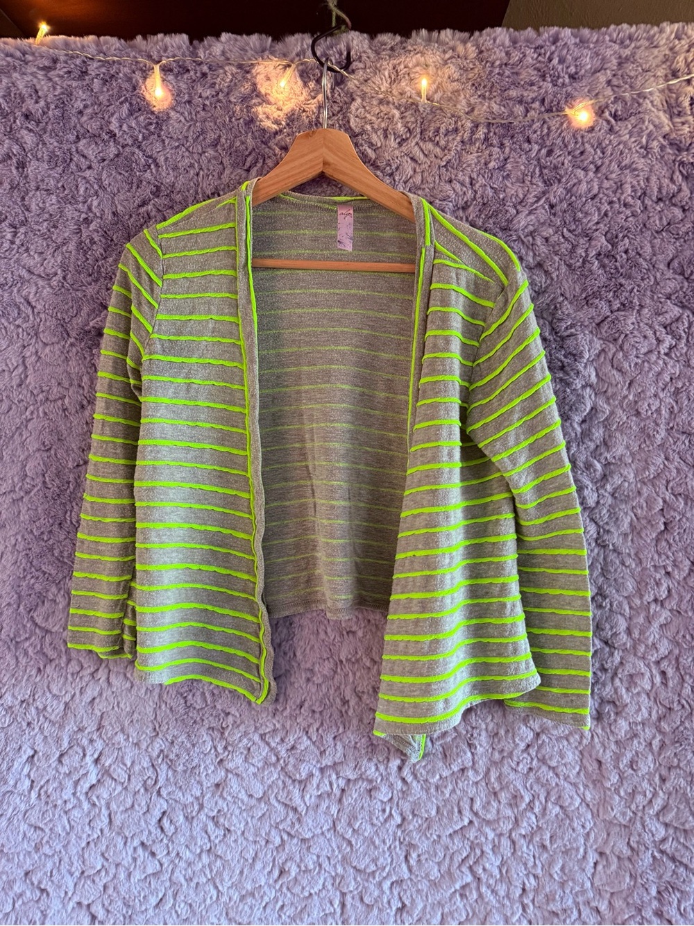 Alya Gray Open-Front Cardigan with Neon Green Stripes
